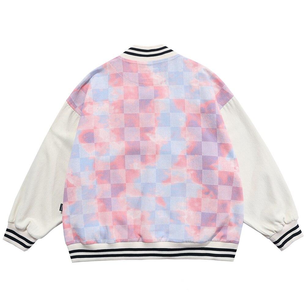 Men's tie dye checkerboard bomber jacket featuring a V-neck collar and ribbed cuffs, perfect for streetwear style.