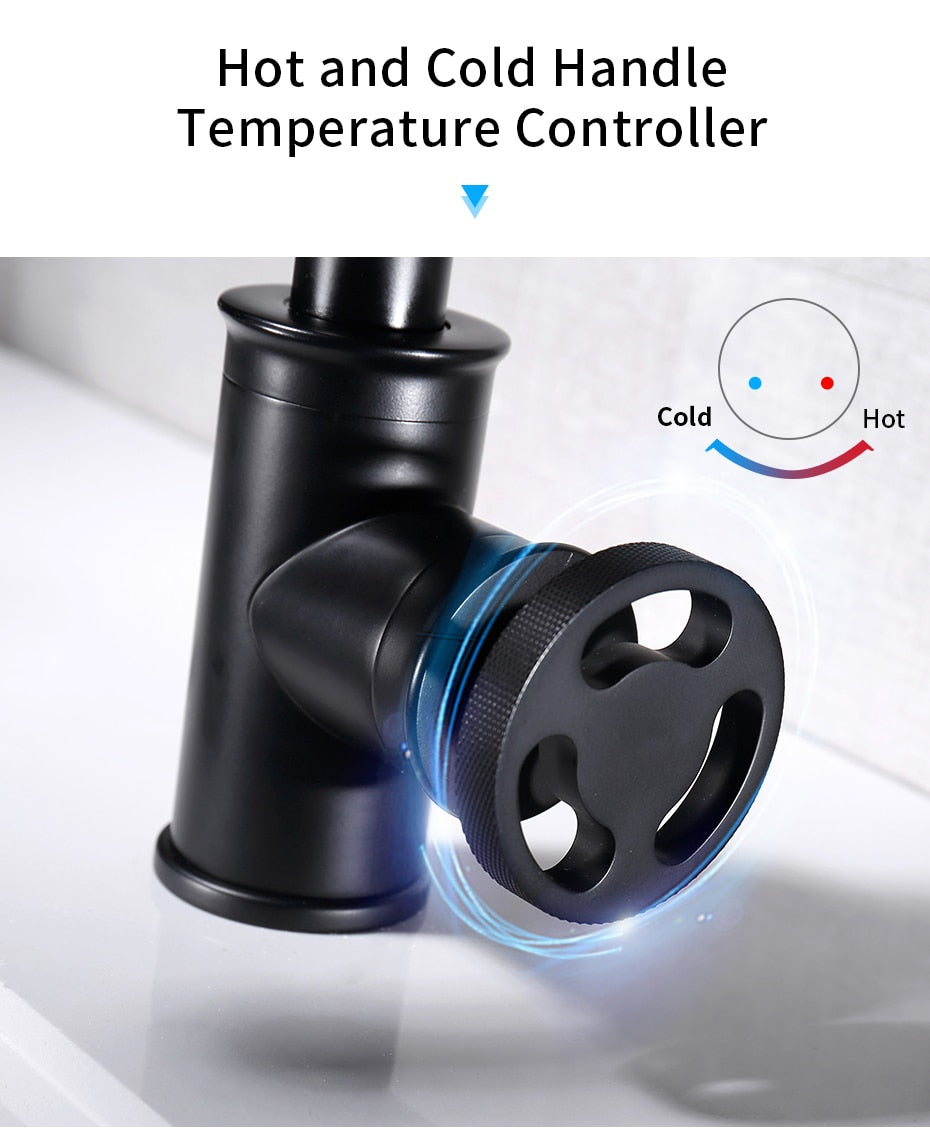 Black brass crane basin faucet with hot and cold water mixer, featuring a contemporary design and single handle for easy operation.