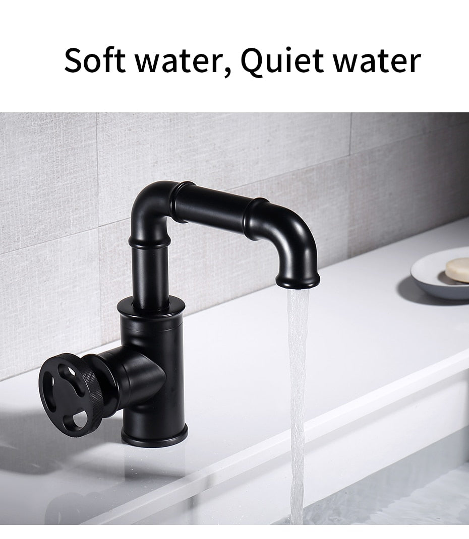 Black brass crane basin faucet with hot and cold water mixer, featuring a contemporary design and single handle for easy operation.