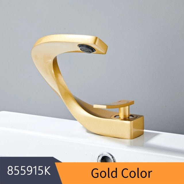 Modern brass basin faucet with single handle and sleek design, available in chrome, brushed nickel, and black finishes.