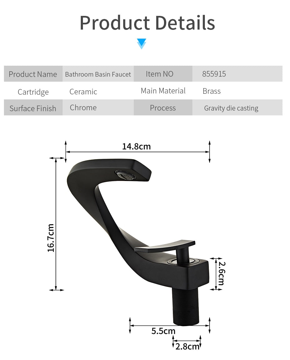 Modern brass basin faucet with single handle and sleek design, available in chrome, brushed nickel, and black finishes.