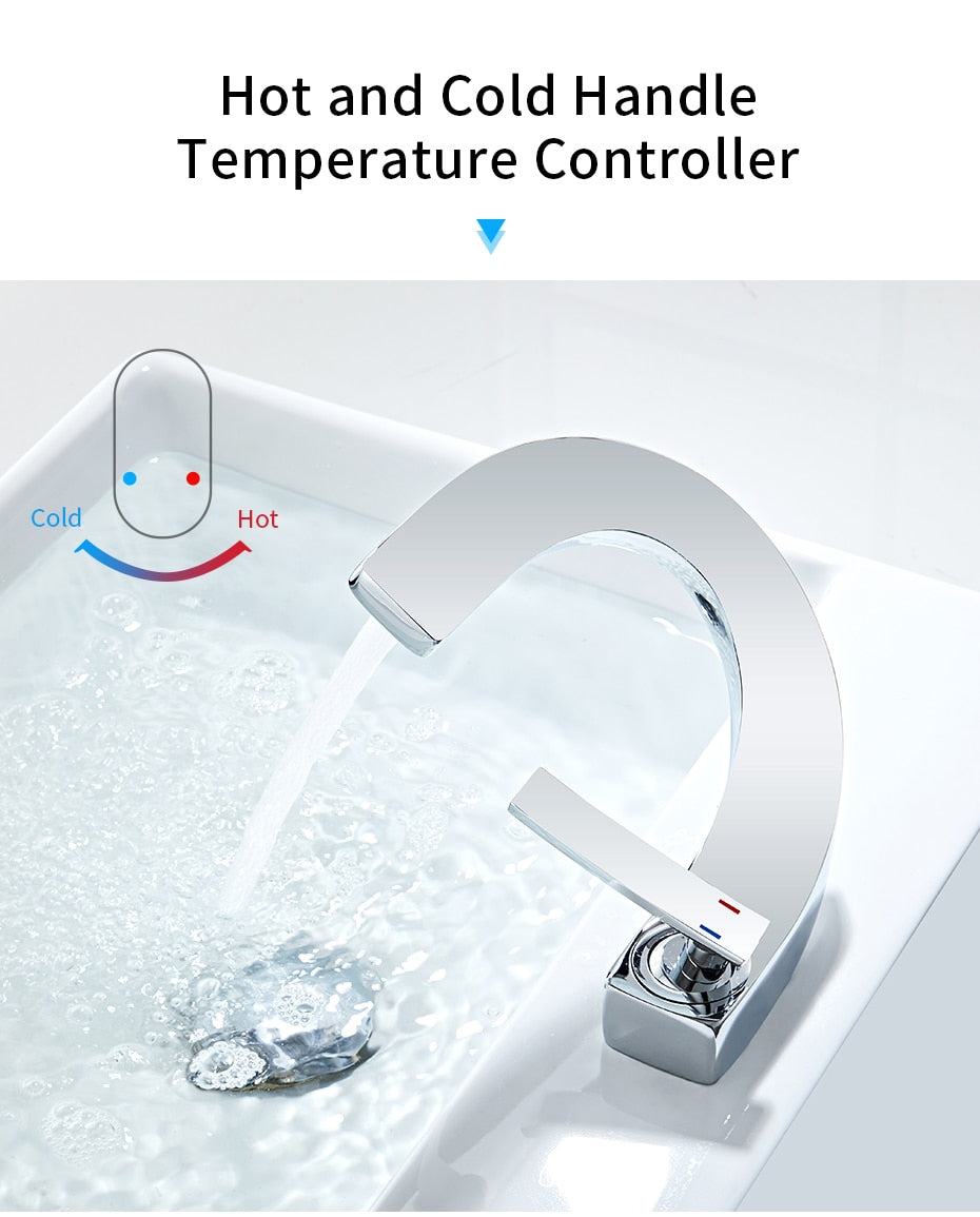 Modern brass basin faucet with single handle and sleek design, available in chrome, brushed nickel, and black finishes.