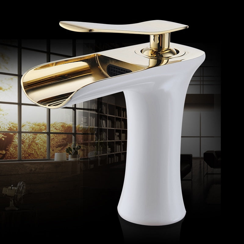 Basin Faucets Waterfall Bathroom Faucet in chrome finish with single handle design, showcasing elegant waterfall flow.