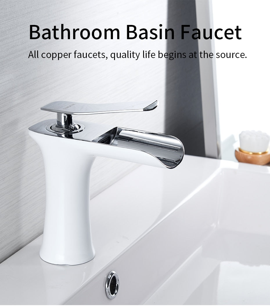 Basin Faucets Waterfall Bathroom Faucet in chrome finish with single handle design, showcasing elegant waterfall flow.