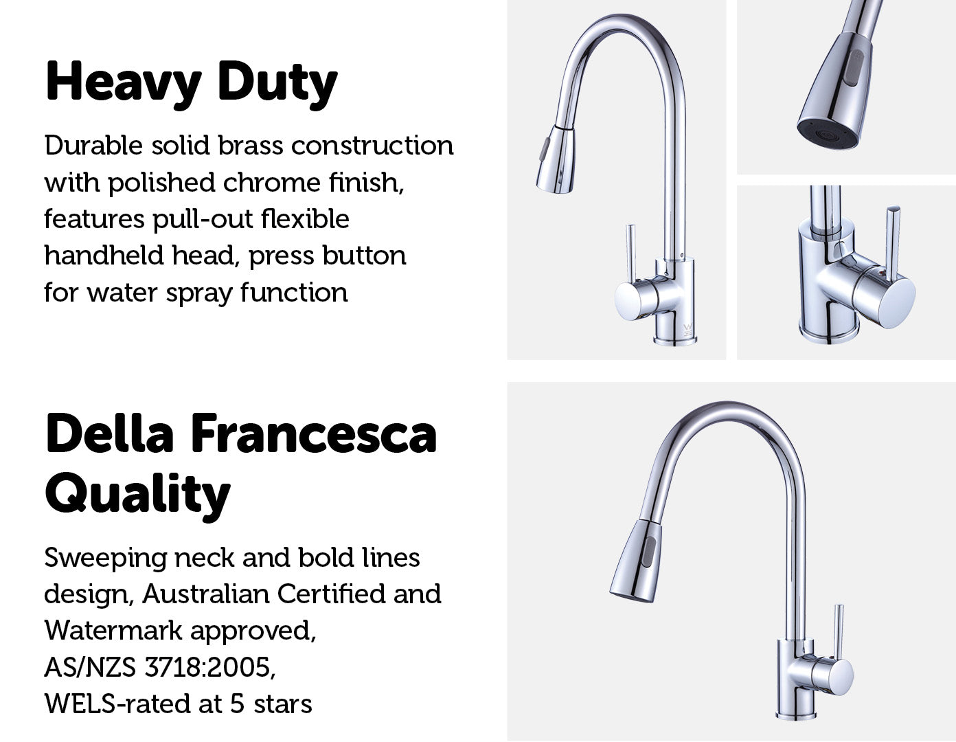 Della Francesca Basin Mixer Tap Faucet with polished chrome finish and pull-out handheld head, designed for kitchen, laundry, and bathroom sinks.