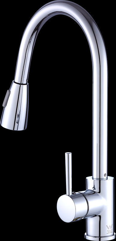 Della Francesca Basin Mixer Tap Faucet with polished chrome finish and pull-out handheld head, designed for kitchen, laundry, and bathroom sinks.