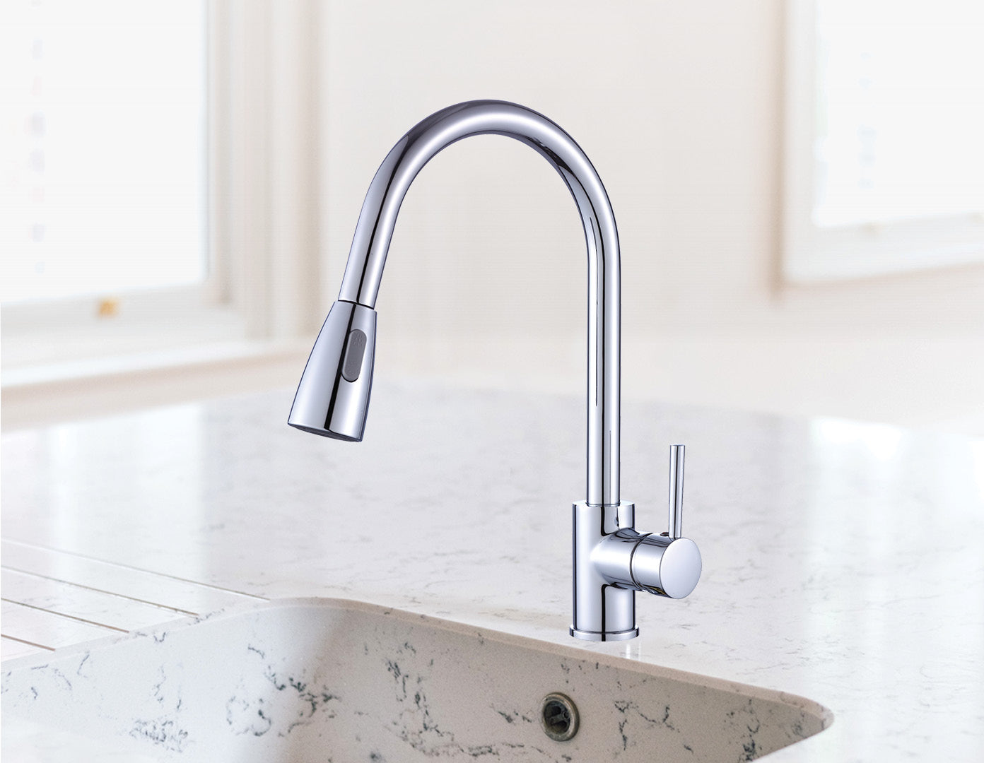 Della Francesca Basin Mixer Tap Faucet with polished chrome finish and pull-out handheld head, designed for kitchen, laundry, and bathroom sinks.