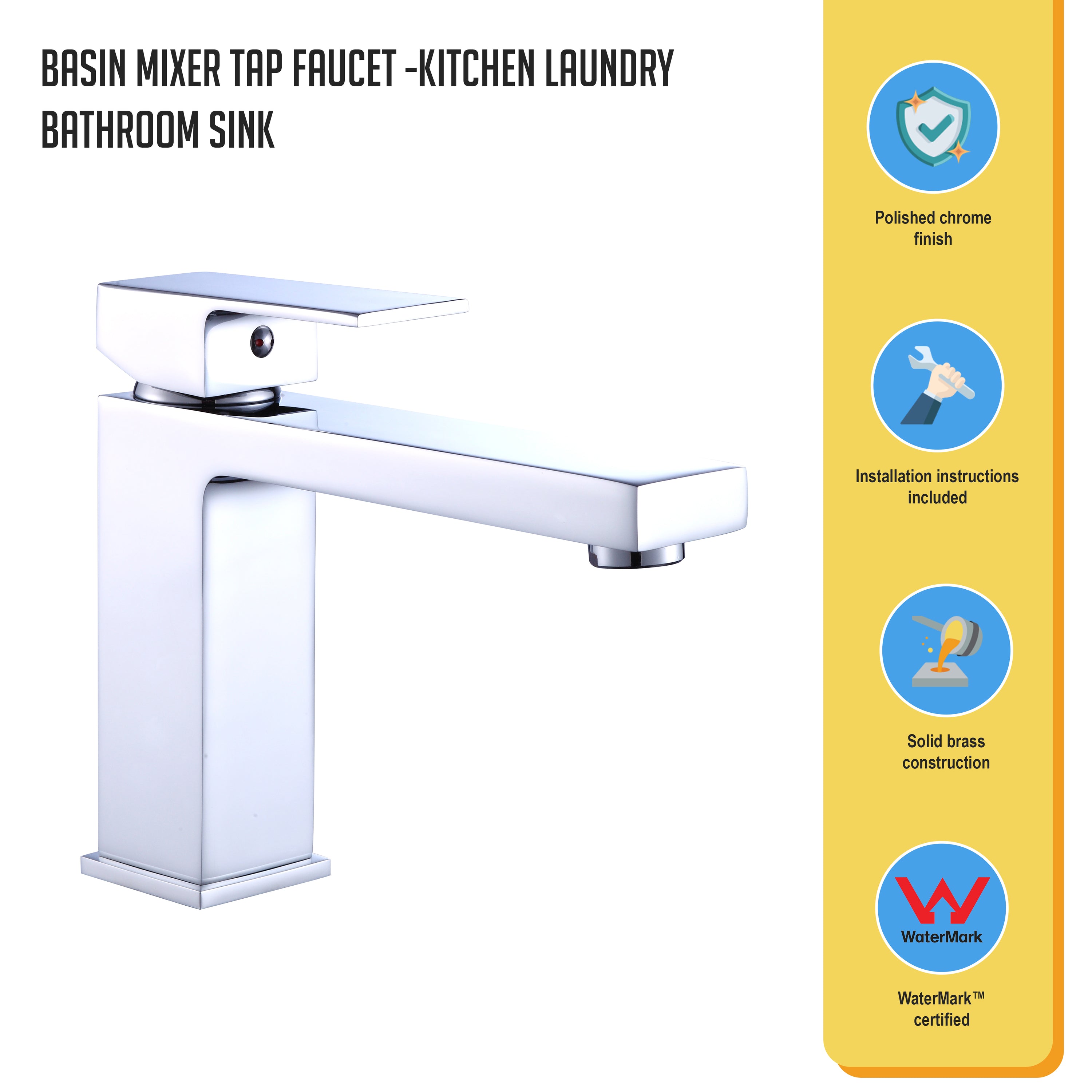 Della Francesca Basin Mixer Tap Faucet with polished chrome finish, showcasing its modern design and solid brass construction.