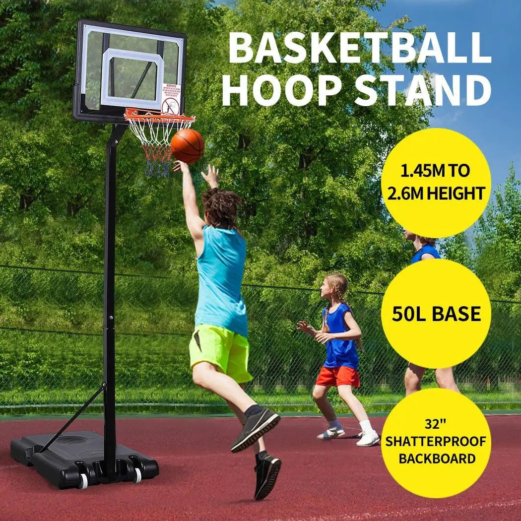 Adjustable basketball hoop stand with large shatterproof backboard and portable design, suitable for kids and adults.