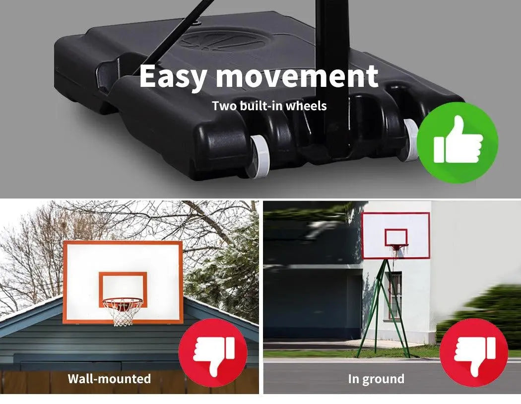 Adjustable basketball hoop stand with large shatterproof backboard and portable design, suitable for kids and adults.