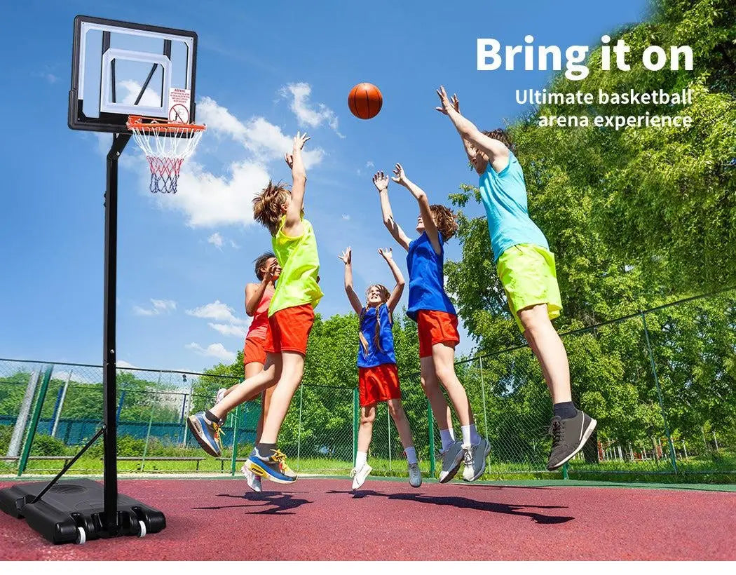 Adjustable basketball hoop stand with large shatterproof backboard and portable design, suitable for kids and adults.