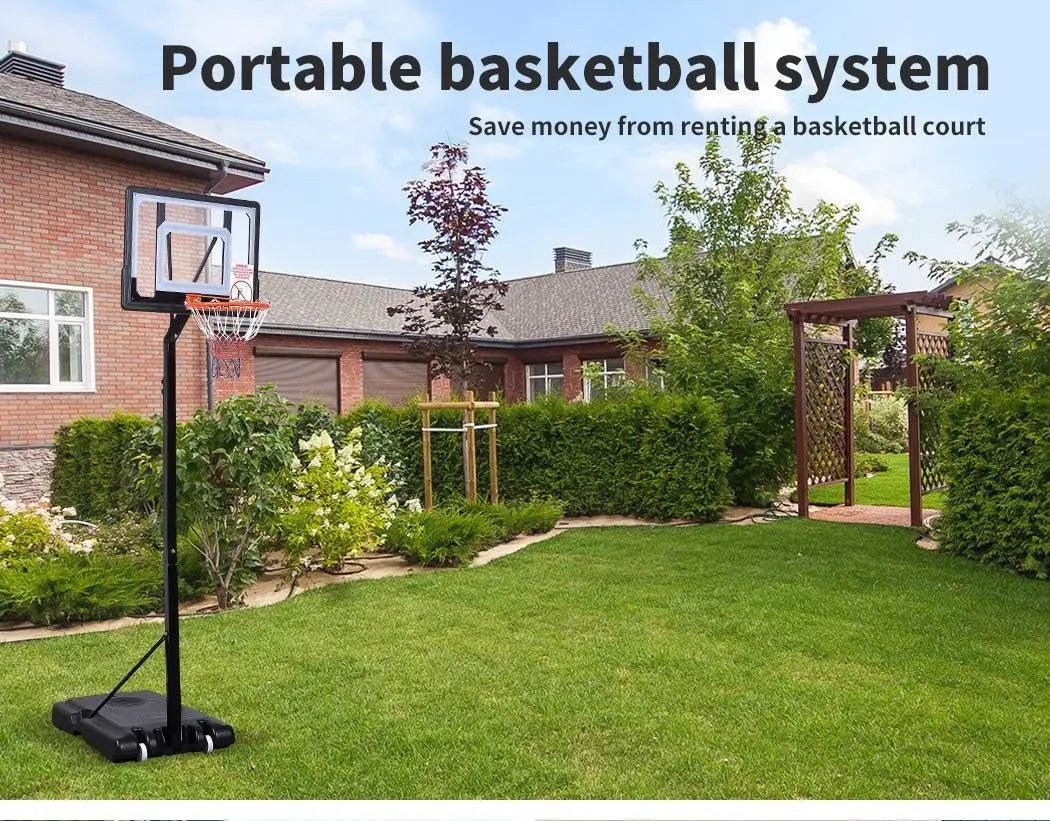 Adjustable basketball hoop stand with large shatterproof backboard and portable design, suitable for kids and adults.