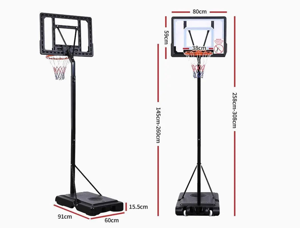 Adjustable basketball hoop stand with large shatterproof backboard and portable design, suitable for kids and adults.