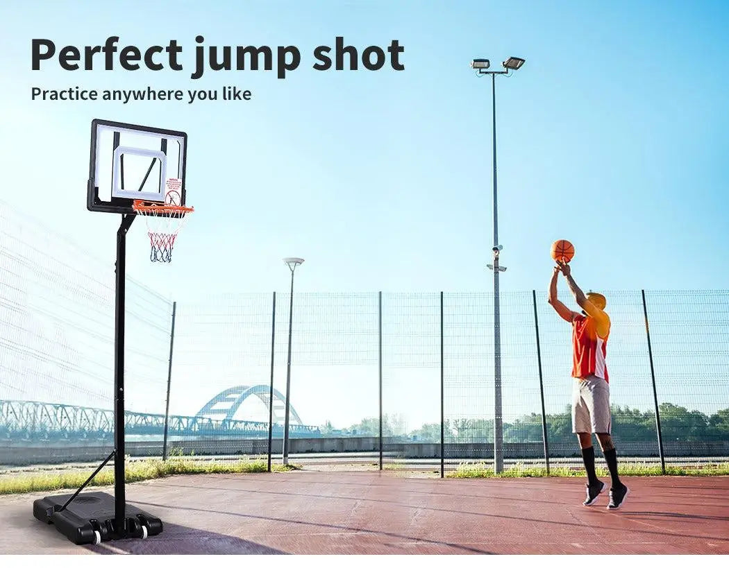 Adjustable basketball hoop stand with large shatterproof backboard and portable design, suitable for kids and adults.