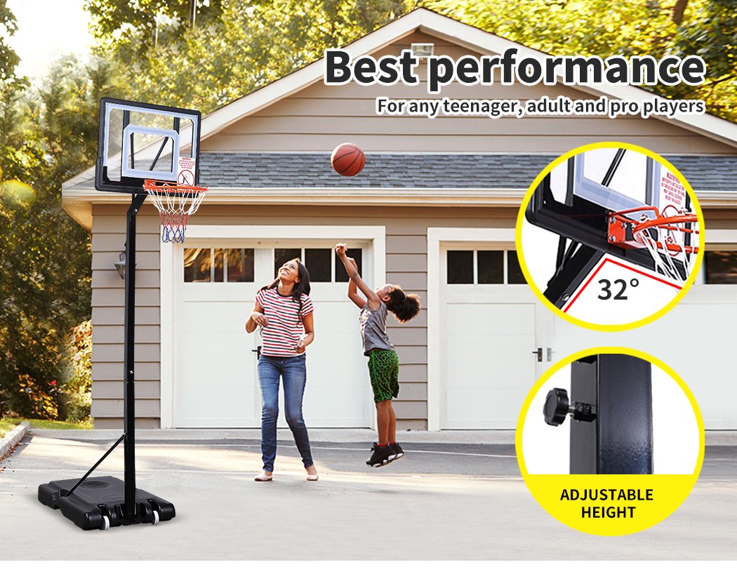 Adjustable basketball hoop stand with large shatterproof backboard and portable design, suitable for kids and adults.