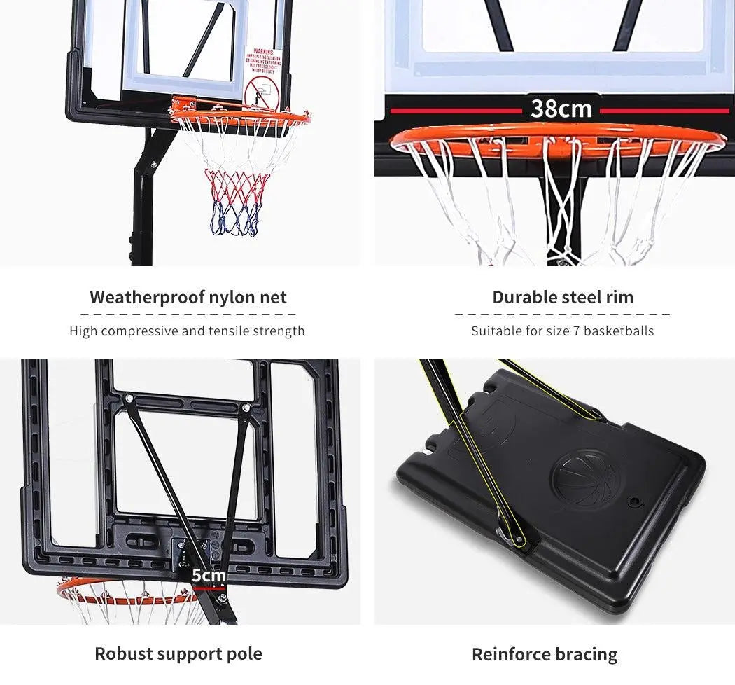 Adjustable basketball hoop stand with large shatterproof backboard and portable design, suitable for kids and adults.