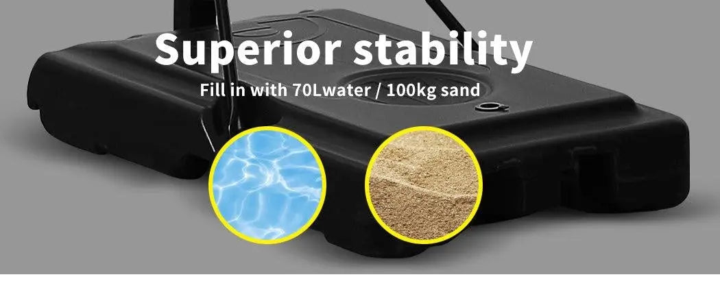 Adjustable basketball hoop stand with large shatterproof backboard and portable design, suitable for kids and adults.