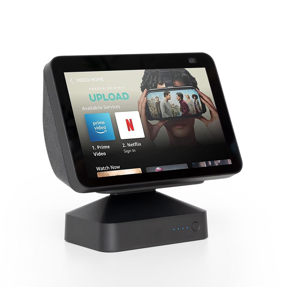 Battery base for Echo Show 8 and Show 5, featuring an adjustable stand and wireless charging capabilities, designed for portability and stability.