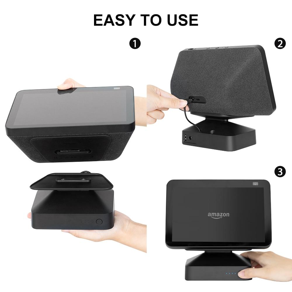 Battery base for Echo Show 8 and Show 5, featuring an adjustable stand and wireless charging capabilities, designed for portability and stability.