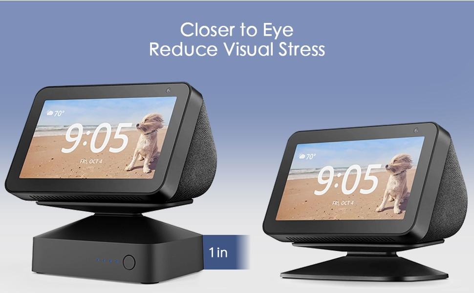 Battery base for Echo Show 8 and Show 5, featuring an adjustable stand and wireless charging capabilities, designed for portability and stability.