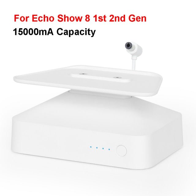 Battery base for Echo Show 8 and Show 5, featuring an adjustable stand and wireless charging capabilities, designed for portability and stability.