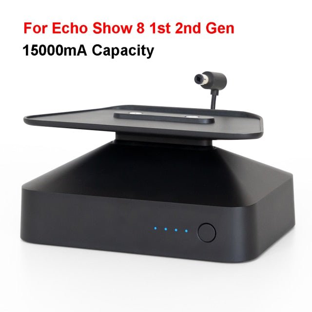 Battery base for Echo Show 8 and Show 5, featuring an adjustable stand and wireless charging capabilities, designed for portability and stability.