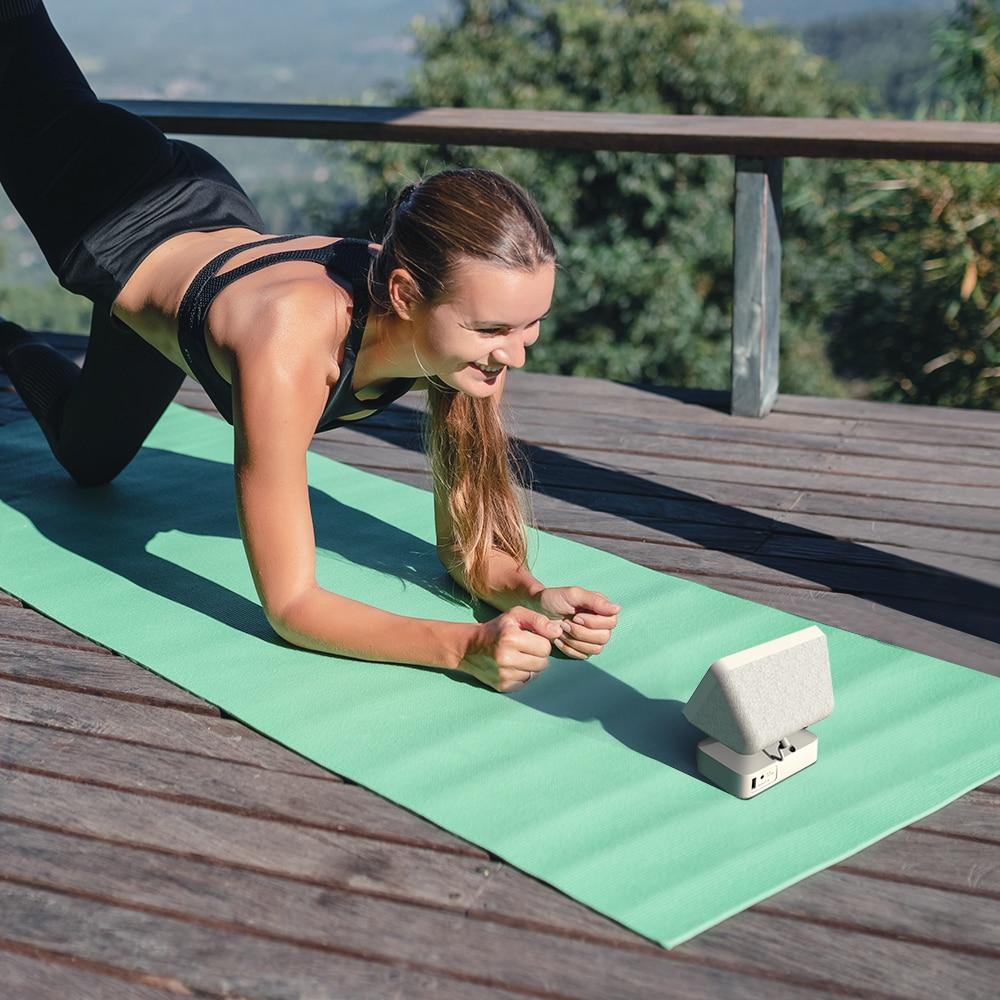 Battery base for Echo Show 8 and Show 5, featuring an adjustable stand and wireless charging capabilities, designed for portability and stability.