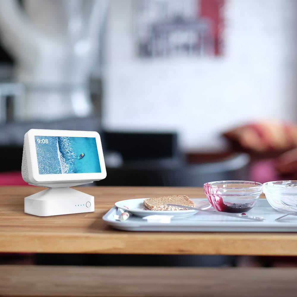 Battery base for Echo Show 8 and Show 5, featuring an adjustable stand and wireless charging capabilities, designed for portability and stability.
