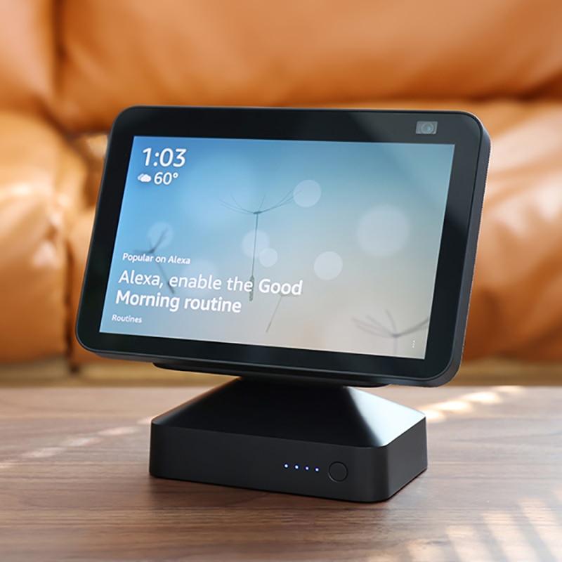 Battery base for Echo Show 8 and Show 5, featuring an adjustable stand and wireless charging capabilities, designed for portability and stability.