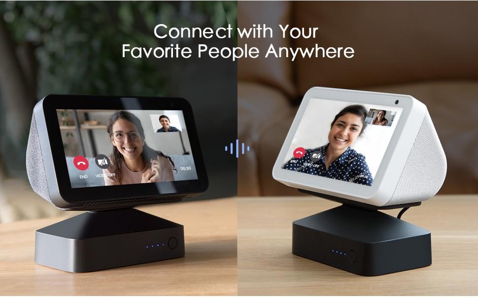Battery base for Echo Show 8 and Show 5, featuring an adjustable stand and wireless charging capabilities, designed for portability and stability.