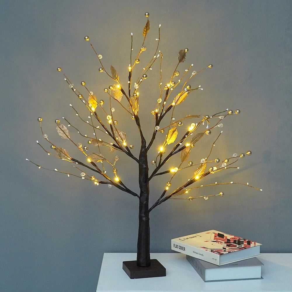 Battery operated bonsai tree lamp with warm white LED lights and decorative beads, perfect for home decor and gifting.