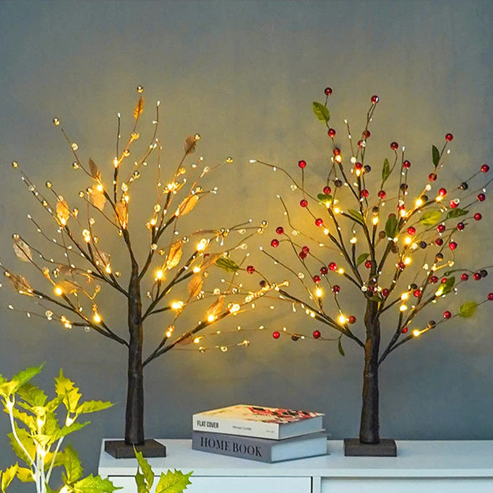 Battery operated bonsai tree lamp with warm white LED lights and decorative beads, perfect for home decor and gifting.