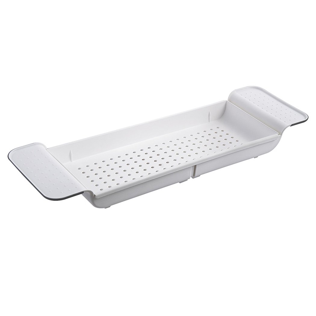 White Bath Tub Caddy Toy Organizer with adjustable design, perfect for storing kids' bath toys and essentials.