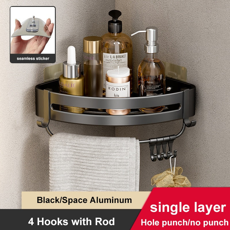 Wall-mounted aluminum shower corner shelves with hooks, designed for space-saving and organization in bathrooms.