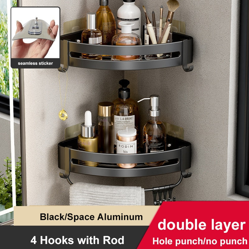 Wall-mounted aluminum shower corner shelves with hooks, designed for space-saving and organization in bathrooms.