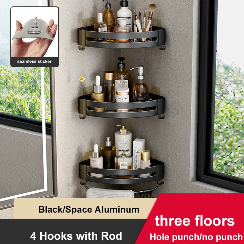 Wall-mounted aluminum shower corner shelves with hooks, designed for space-saving and organization in bathrooms.