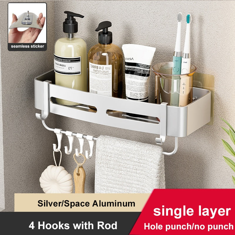 Wall-mounted aluminum shower corner shelves with hooks, designed for space-saving and organization in bathrooms.