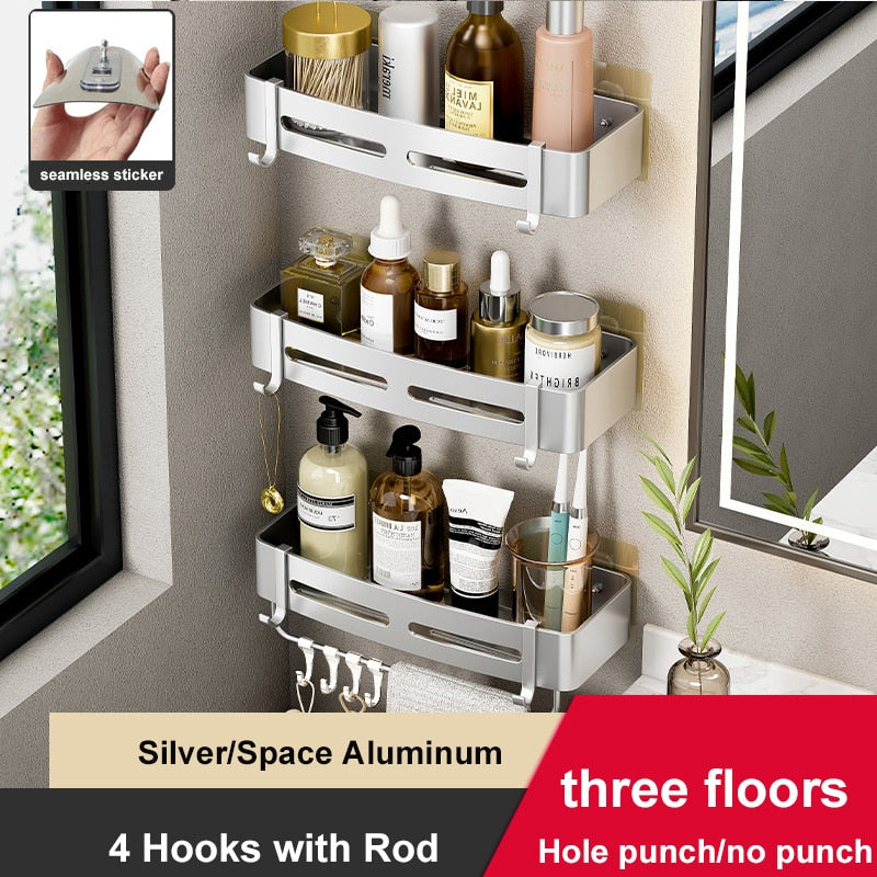 Wall-mounted aluminum shower corner shelves with hooks, designed for space-saving and organization in bathrooms.