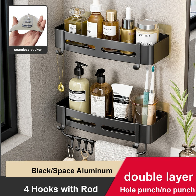Wall-mounted aluminum shower corner shelves with hooks, designed for space-saving and organization in bathrooms.