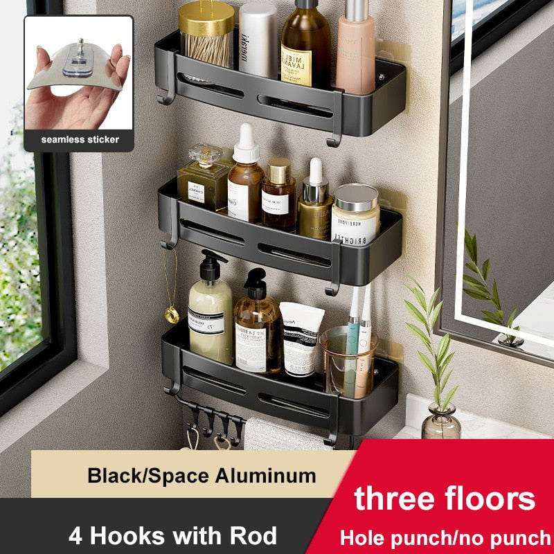 Wall-mounted aluminum shower corner shelves with hooks, designed for space-saving and organization in bathrooms.