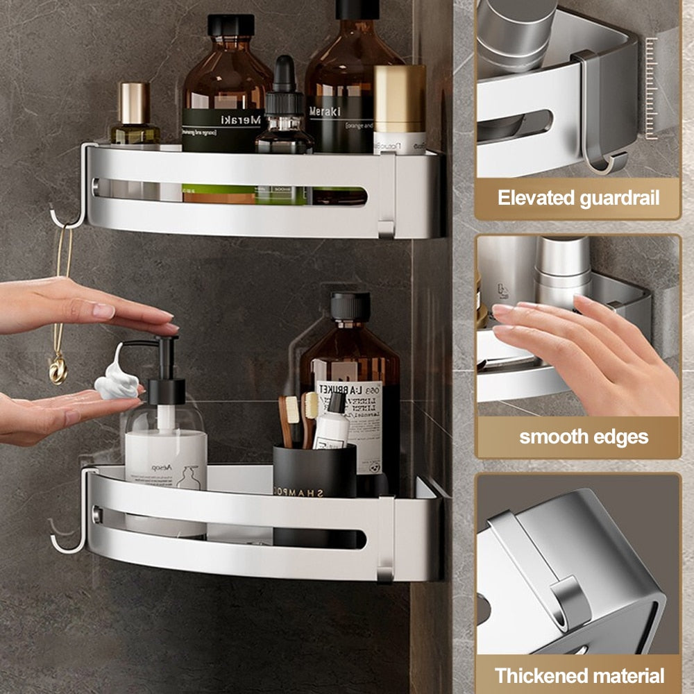 Wall-mounted aluminum shower corner shelves with hooks, designed for space-saving and organization in bathrooms.