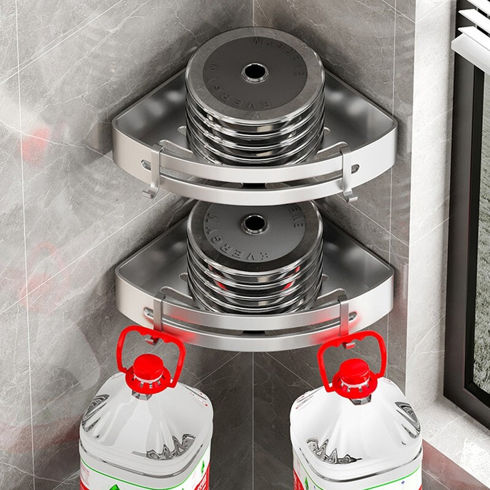Wall-mounted aluminum shower corner shelves with hooks, designed for space-saving and organization in bathrooms.