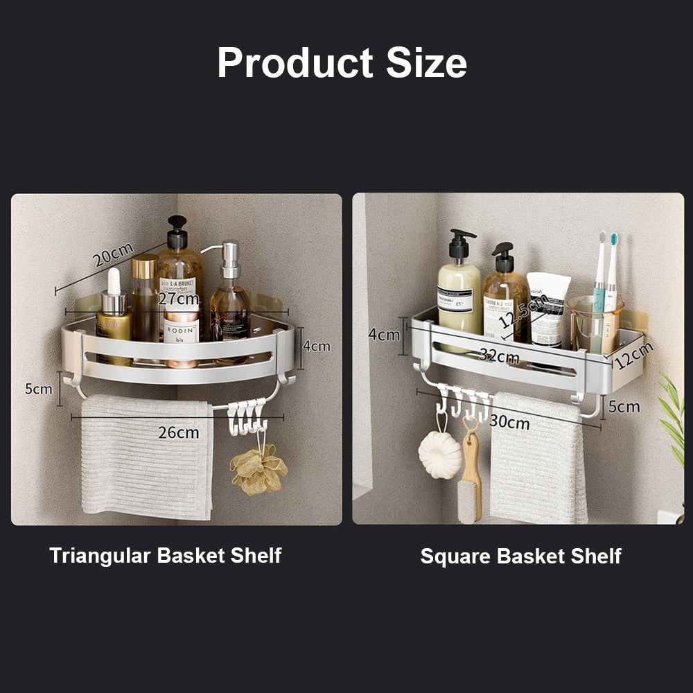Wall-mounted aluminum shower corner shelves with hooks, designed for space-saving and organization in bathrooms.