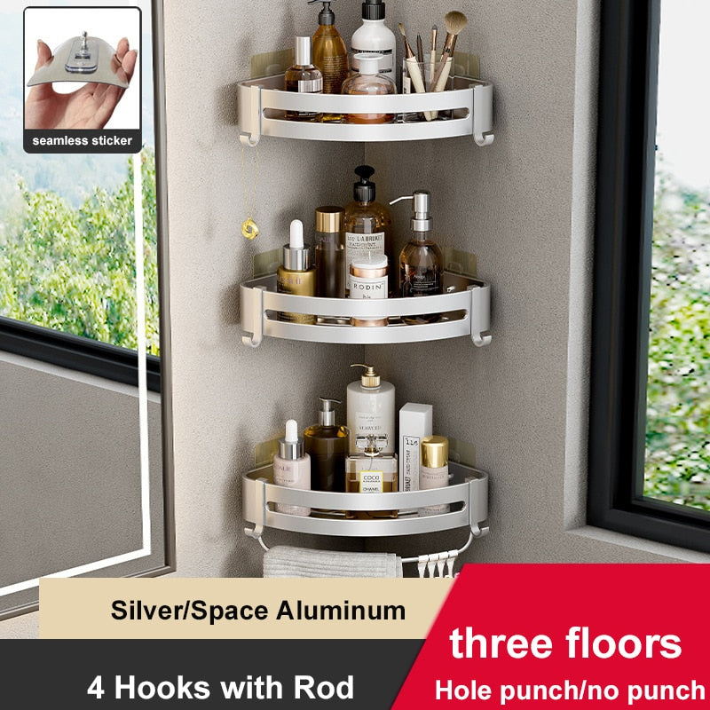 Wall-mounted aluminum shower corner shelves with hooks, designed for space-saving and organization in bathrooms.