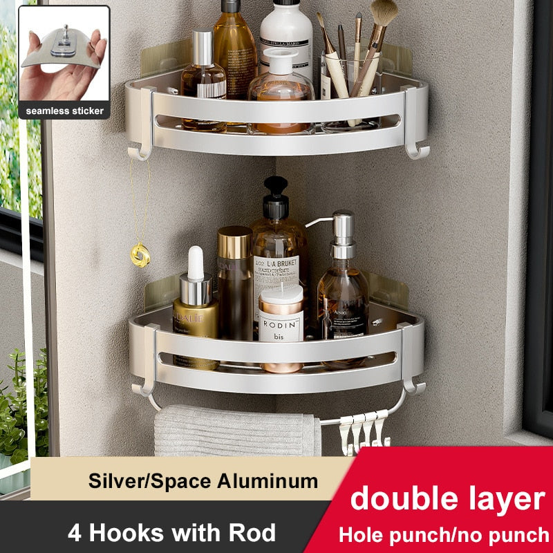 Wall-mounted aluminum shower corner shelves with hooks, designed for space-saving and organization in bathrooms.