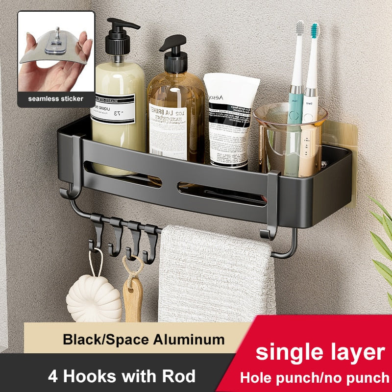 Wall-mounted aluminum shower corner shelves with hooks, designed for space-saving and organization in bathrooms.