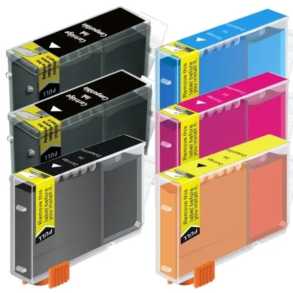 BCI-3 Black and BCI-6 Colours Compatible Inkjet Cartridge Set, featuring six cartridges including black, cyan, magenta, yellow, and additional black.