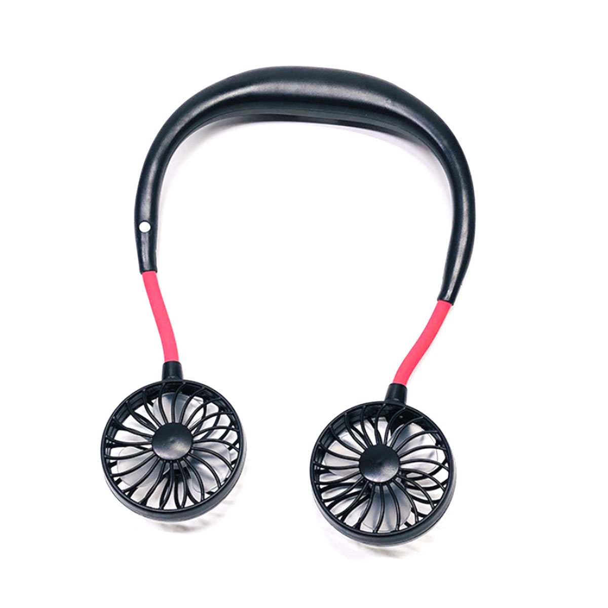 Beat The Heat Double Cool Cordless Breezy Mini Collar Fan worn around the neck, showcasing its sleek design and vibrant colors.