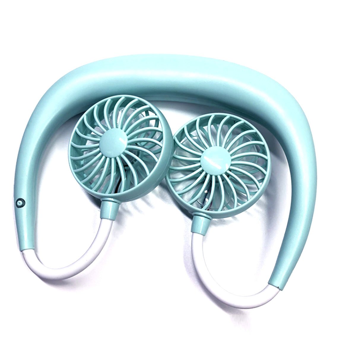 Beat The Heat Double Cool Cordless Breezy Mini Collar Fan worn around the neck, showcasing its sleek design and vibrant colors.