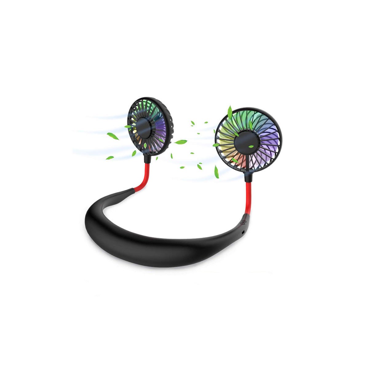 Beat The Heat Double Cool Cordless Breezy Mini Collar Fan worn around the neck, showcasing its sleek design and vibrant colors.